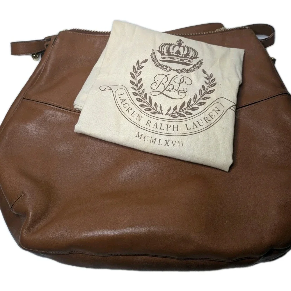 Lauren Ralph Lauren RLL Cognac Leather Hobo Shoulder Bag Gold Hardware Dust‎ Bag